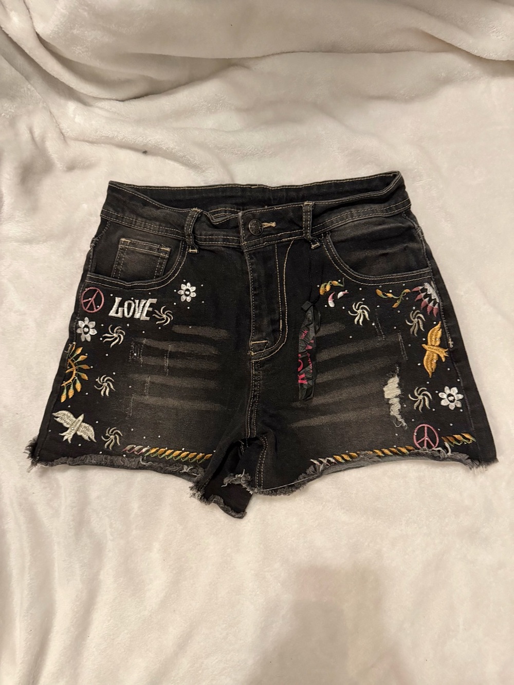ROMWE Black Embroidered Peace & Floral Jean Shorts